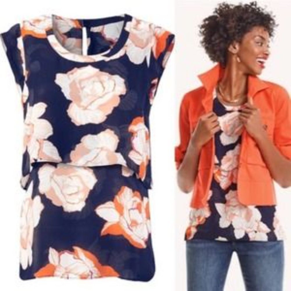 CAbi Blossom Floral Cap Sleeve Double Layer Blouse